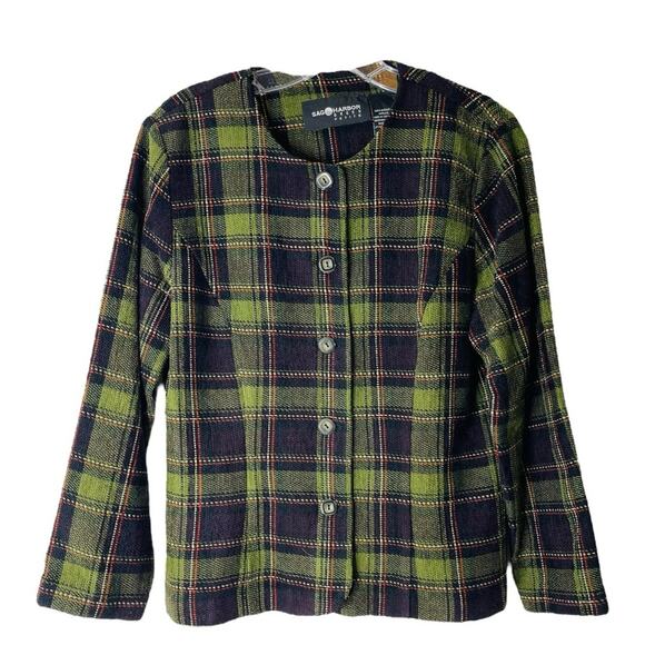 Vintage green blue plaid chenille preppy academia button knit office blazer 10P - Picture 1 of 5